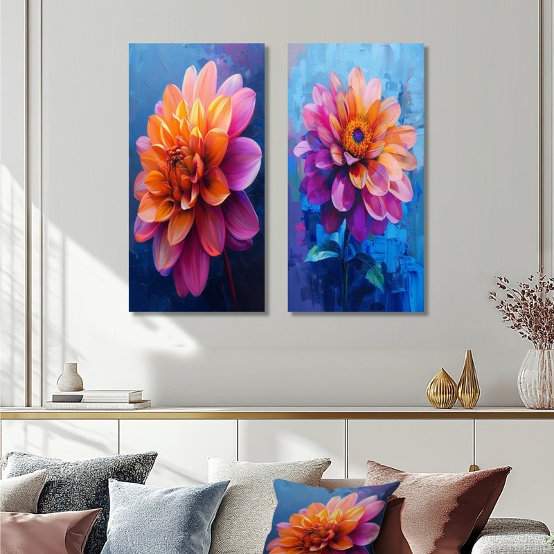 Dahlia mauve orange sur fond bleu I - ensemble d'art mural 2 pièces Dahlia, H 32 po x l 32 po, Ne s’applique pas