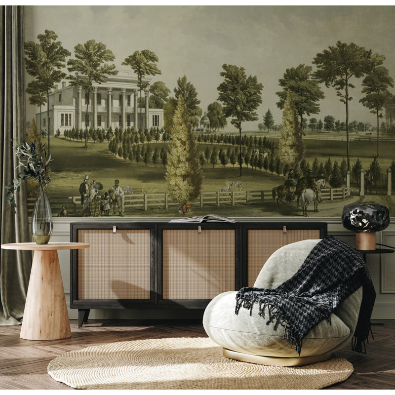 Murale de paysage historique, L 110,04 po x l 163 po, Vert foncé