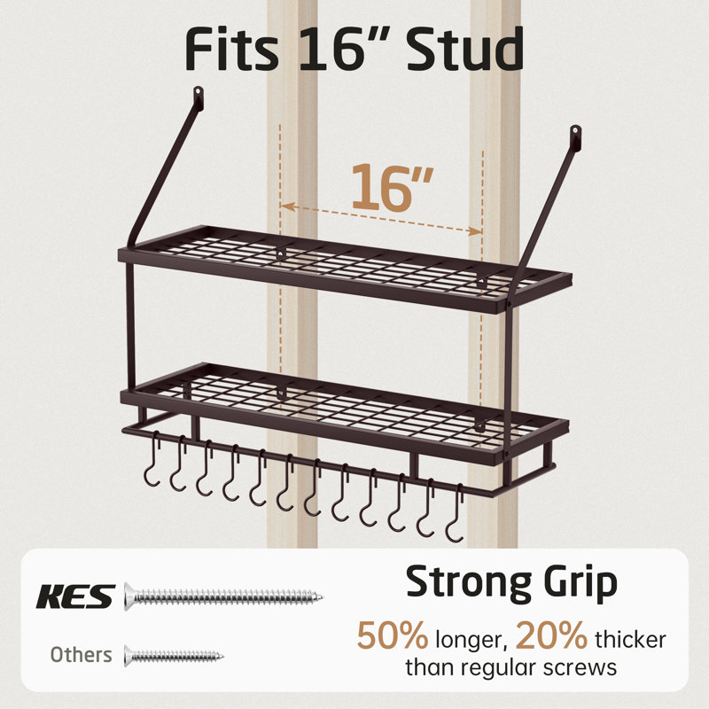Wall Mounted Pot Rack Kitchen 30 Inch 2-Tier Wall Shelf with 12 Hooks, Oiled Bronze