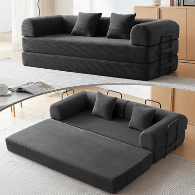 Convertible Sleeper Sofa Bed With Soft Corduroy Fabric And Cylindrical Pillow, Adjustable Frame For Living Room Or Bedroom - Black