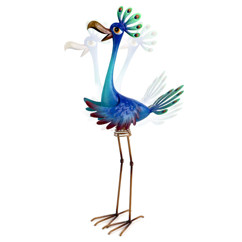 Vibrant Blue and Green Metal Peacock Garden Statue