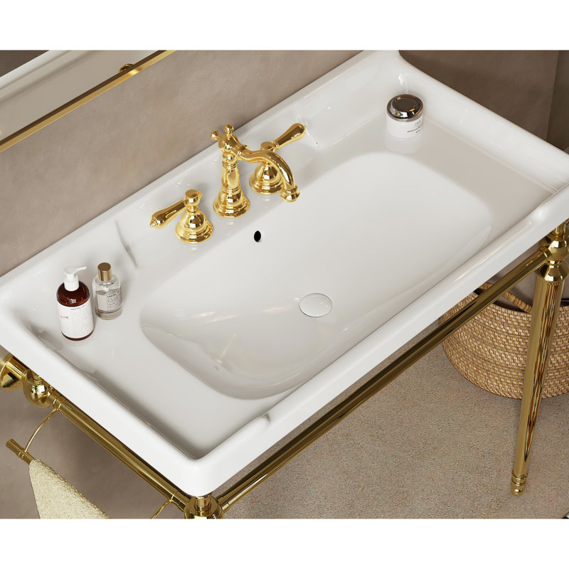 36" Bathroom Vanity Basin, Ceramic With 3 Pre-Drilled Faucet Openings, Stainless Steel Legs & Towel Bar, Option Console Sink 36", Basin Resilient Rack, Tone Present Here