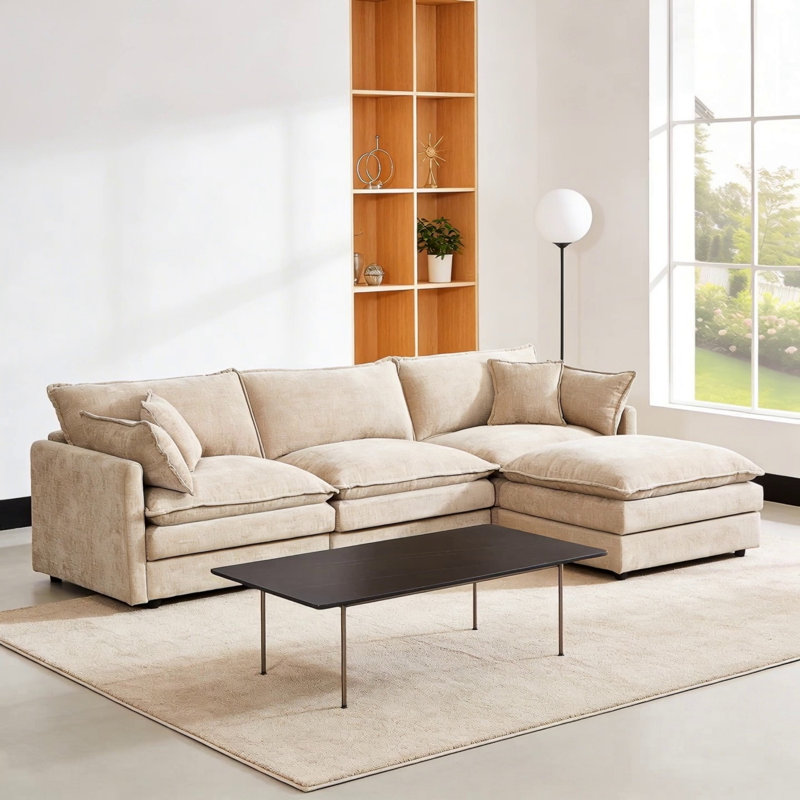 3-Seater Comfy Cloud Couches With Movable Ottoman, Coffee