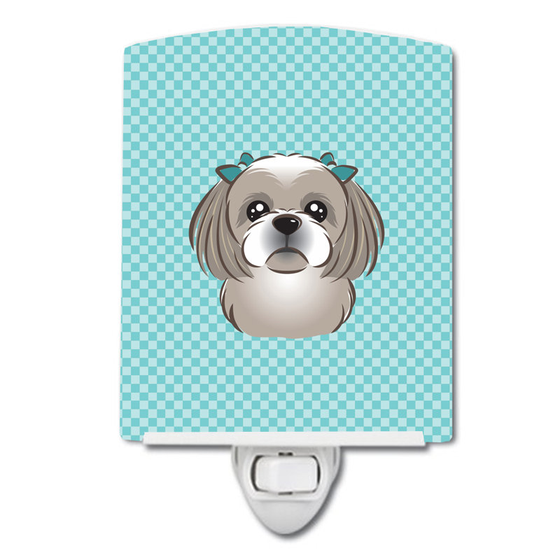 Éclairage de nuit en céramique damier de braque teckel, Bleu, Shih Tzu argenté
