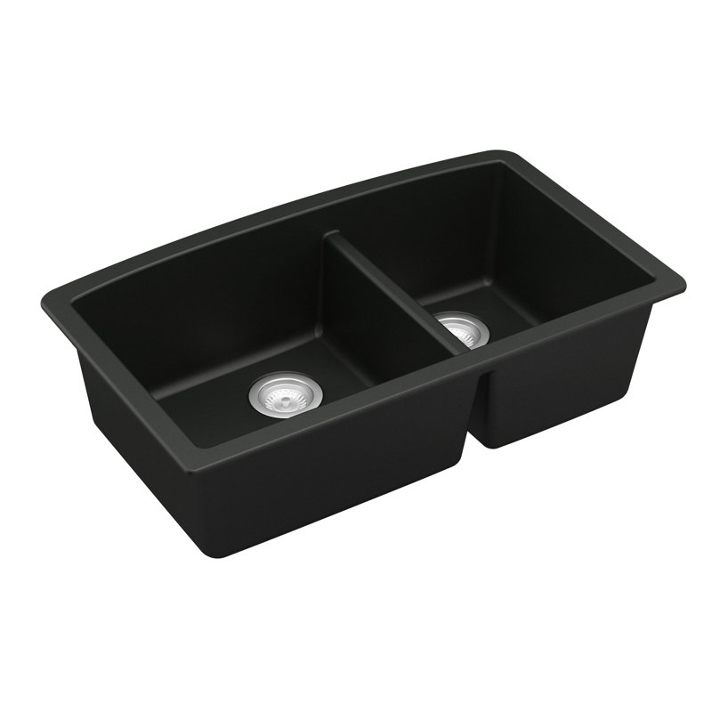 Karran Quartz 32'' X 19-1/2'' Double Bowl 60/40 Undermount Kitchen Sink Kit, Black
