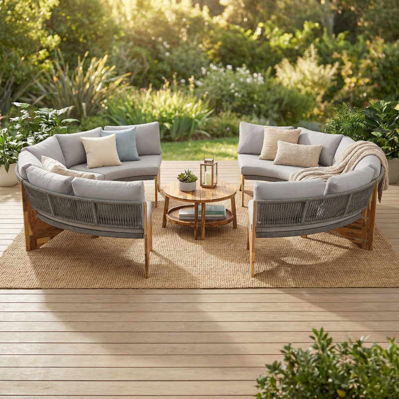 3-Piece Outdoor Conversation Sofa Set for 6, 2 Semi-Circle Weather-Resistant Patio Couch Set with Side Tables for Backyard