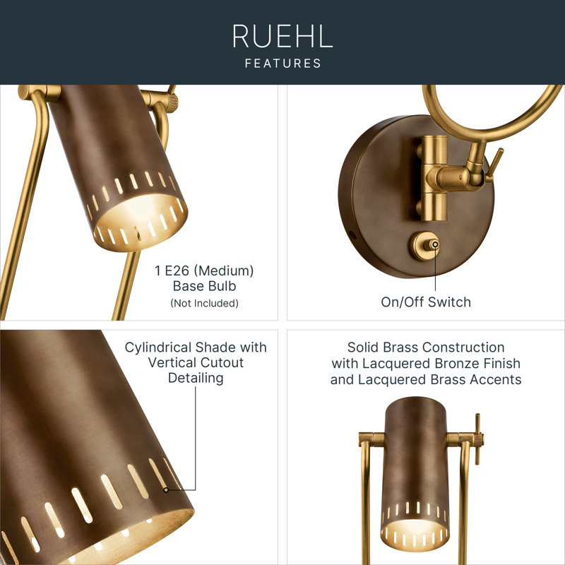 Ruehl 15-inch Swing Arm Wall Sconce in Lacquered Bronze with Lacquered Brass Accents, Lacquered Bronze