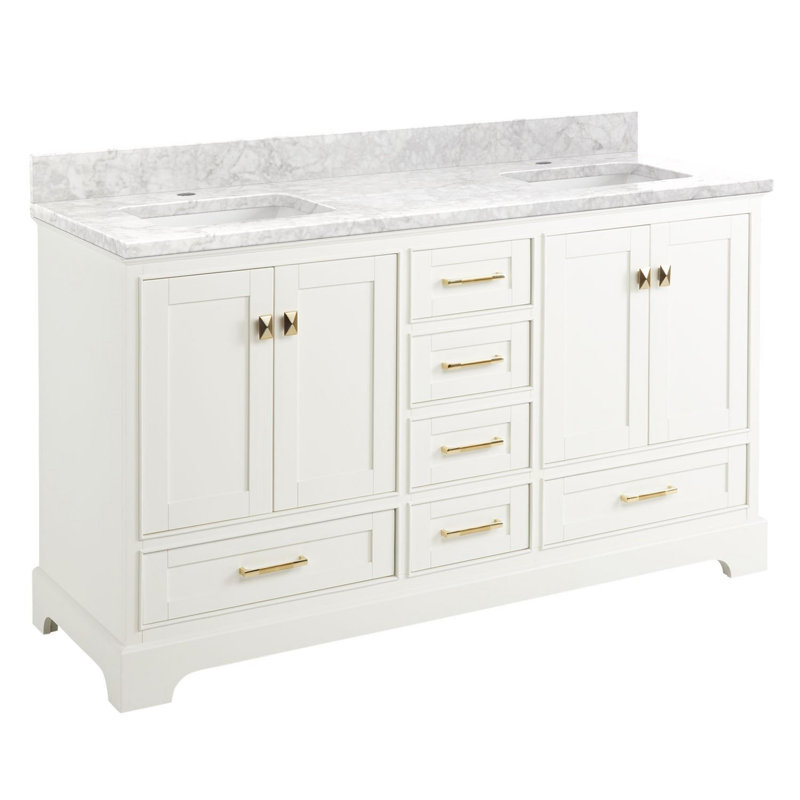 Quen 60" Freestanding Double Basin Vanity Set with Cabinet, Vanity Topss, Soft White, Carrara Marble, Single Hole