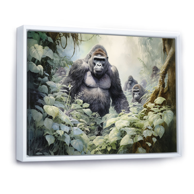 «Gorilla Jungle Journey», reproduction sur toile, Cadre flottant blanc, H 34 po x l 44 po x P 1,5 po