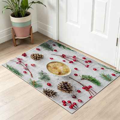 Tapis intérieur rouge lavable à la machine, motif sapin de Noël