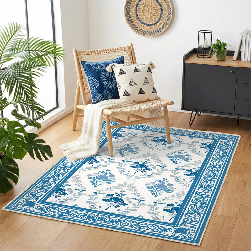 5' X 8' Non-Slip Indoor Area Rug with Floral Pattern Machine Washable,Blue, Rectangle 5' x 8', Blue