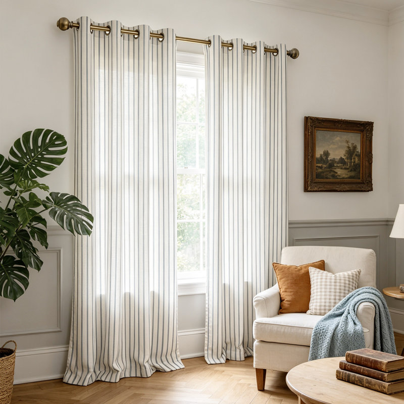 Farmhouse Linen Blend Stripe Semi-Sheer Grommets Curtain Pair, Black, 52" W x 102" L