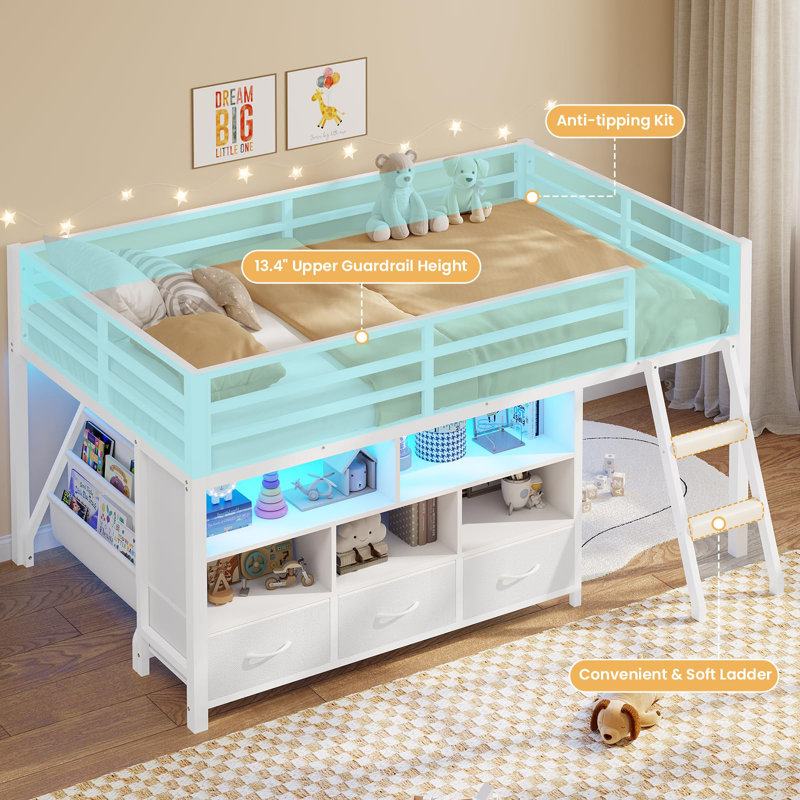 Twin Size Loft Bed With Led Lights,3 Storage Drawers, 3-tier Kids Bookshelf, 5 Open Cubbies & Stairs, Low Metal Loft Bed Twin With 13.4in Guardrail, Space Saving
