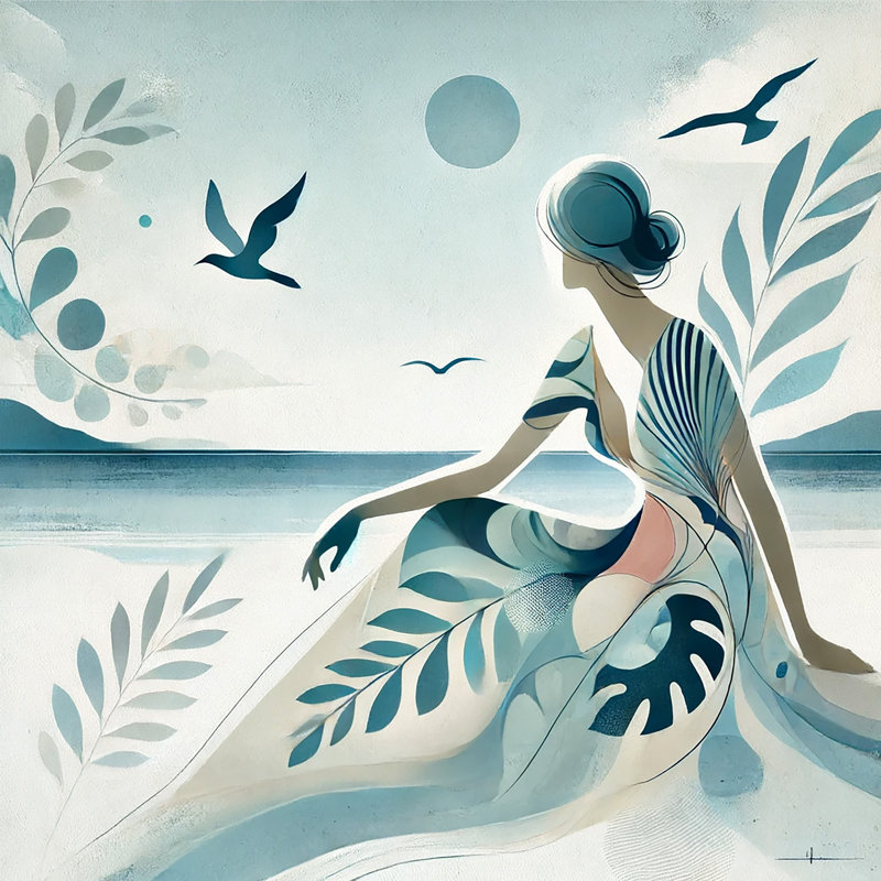 «Hawaiian Tranquility: Woman with Seagulls», art mural sur toile tendue, H 30 po x l 30 po x P 1,5 po