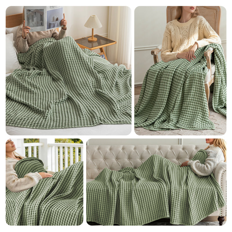 Jeté doux et léger en coton et viscose de bambou tissé gaufré toutes saisons, Sauge, Jeté