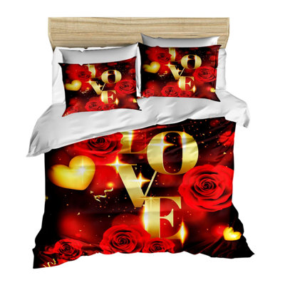 Ensemble de housse de couette simple élégant, design rouge et or | Tige 100% microsatine de polyester et dessous 100% coton | Comprend une housse de couette (63 x 87), un drap plat (63 x 94), 2 taies d'oreiller (20 x 28) | Lavable à la machine, fermeture à glissière, impression 3D luxueuse