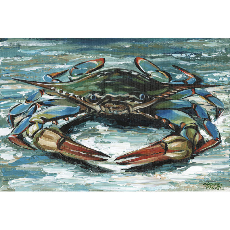 «Blue Palette Crab II» par Carolee Vitaletti - peinture sur toile tendue, H 32 po x l 48 po