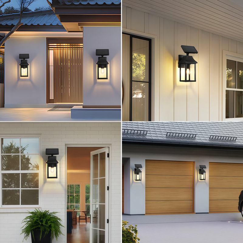 Black Waterproof Solar Outdoor Wall Light with Dusk-to-Dawn Sensor, Separate Panel & Replaceable Battery, 2 Lights
