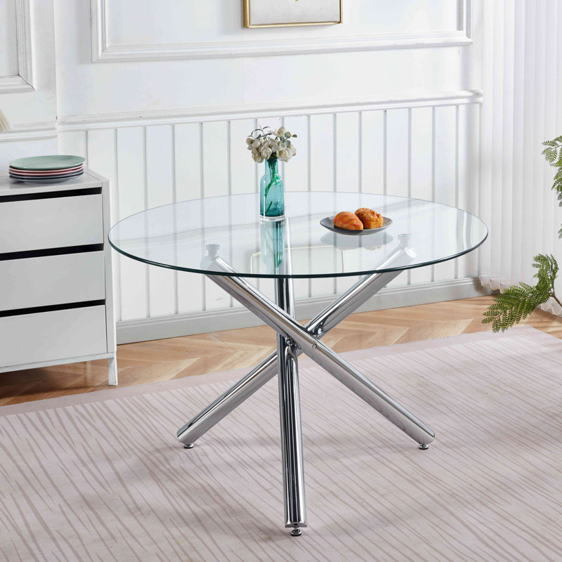Round Dining Table with metal leg and tempered glass,Modern Space Saving Kitchen Table for Living Room, Chrome