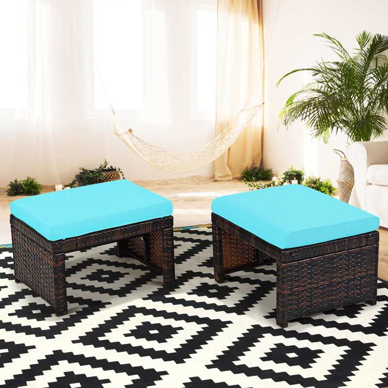 Repose-pieds d'extérieur en rotin avec coussin Trulli, Bleu