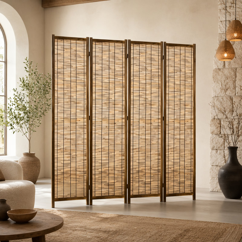 Paravent moderne, paravent compact avec 4 panneaux de roseaux tissés pour un look naturel et une intimité instantanée