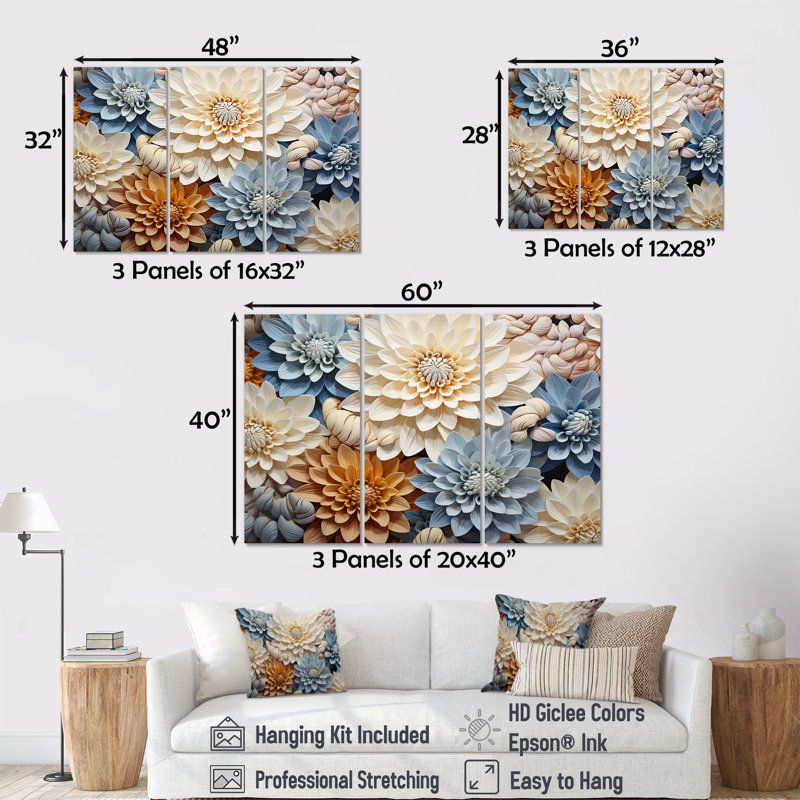 «Simplicity Mums Bloom» en beige et bleu pâle - ensemble d'art sur toile Mums, Toile tendue, H 40 po x l 60 po x P 1 po