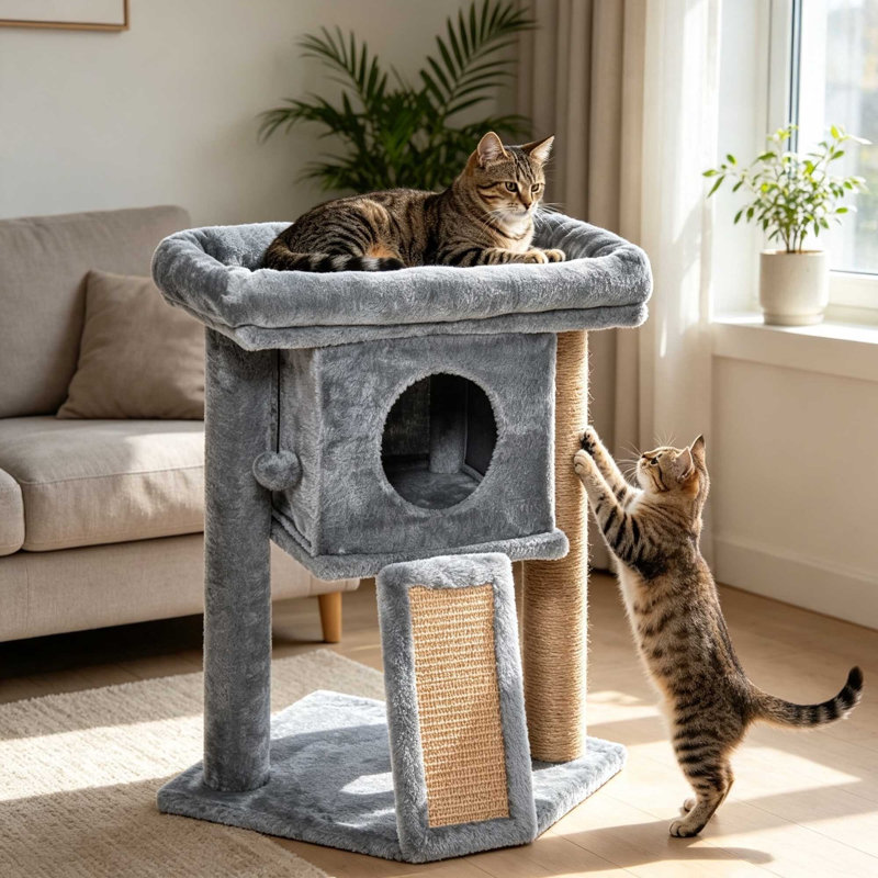 Cat Tree 57cm Indoor Activity Centre with Cat House, Top Perch, Jute Scratching Pad & Hanging Toy Ball, Grey