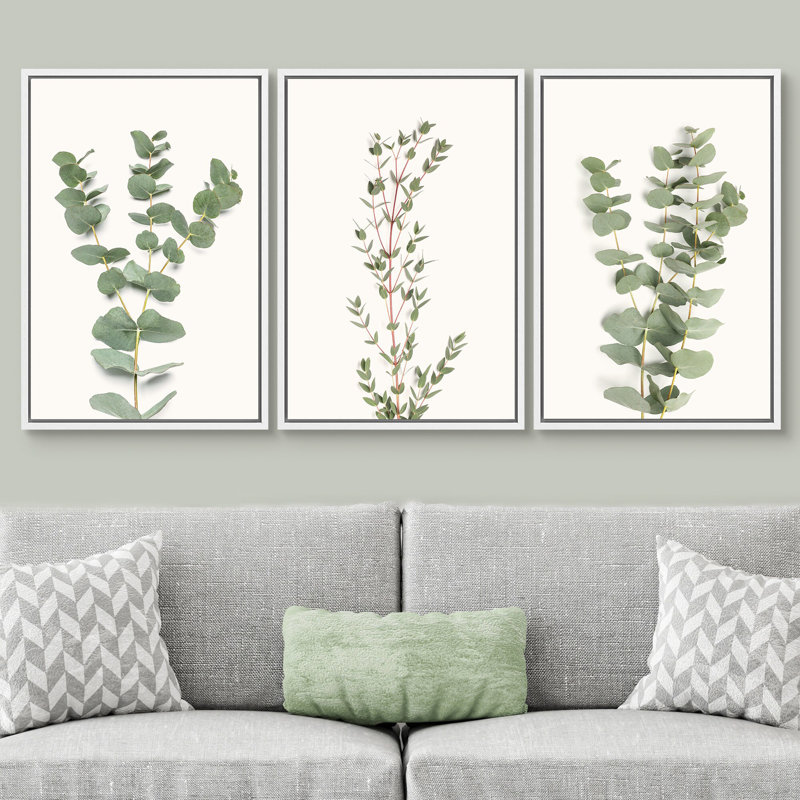 Minimal botanique vert eucalyptus, H 24 po x l 48 po, Cadre flottant blanc