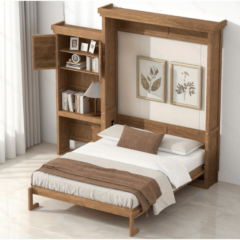 Grand lit escamotable en bois - Lit rabattable peu encombrant avec décor à persiennes et tablettes de rangement multifonction