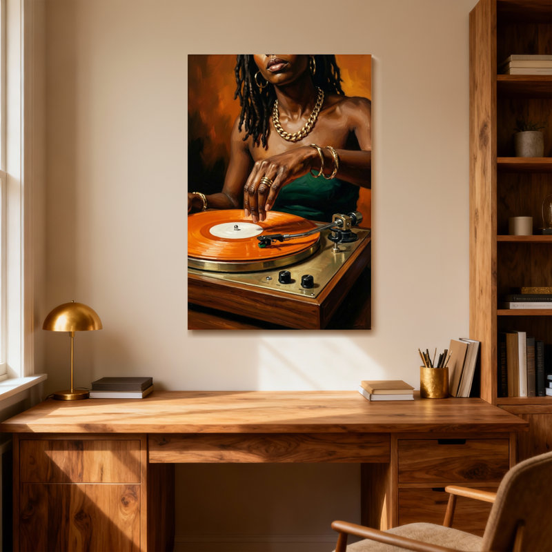 Femme à la mode avec des dreadlocks jouant du disque vinyle, H 18 po x l 12 po