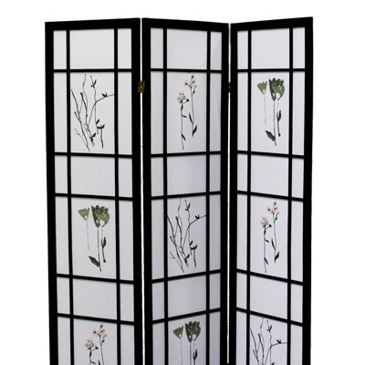 70" High 3 "" Room , Black Color Scheme, Asian Ornament, Solid Pine, Floral Panel Prints, Foldable Screen, Finish, Print Panels,