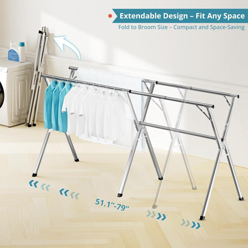 Séchoir à vêtements de 79 pouces, séchoir à vêtements pliant pour l'intérieur et l'extérieur, support à linge robuste en acier inoxydable, grand support à vêtements pliable et portable avec 20 crochets coupe-vent