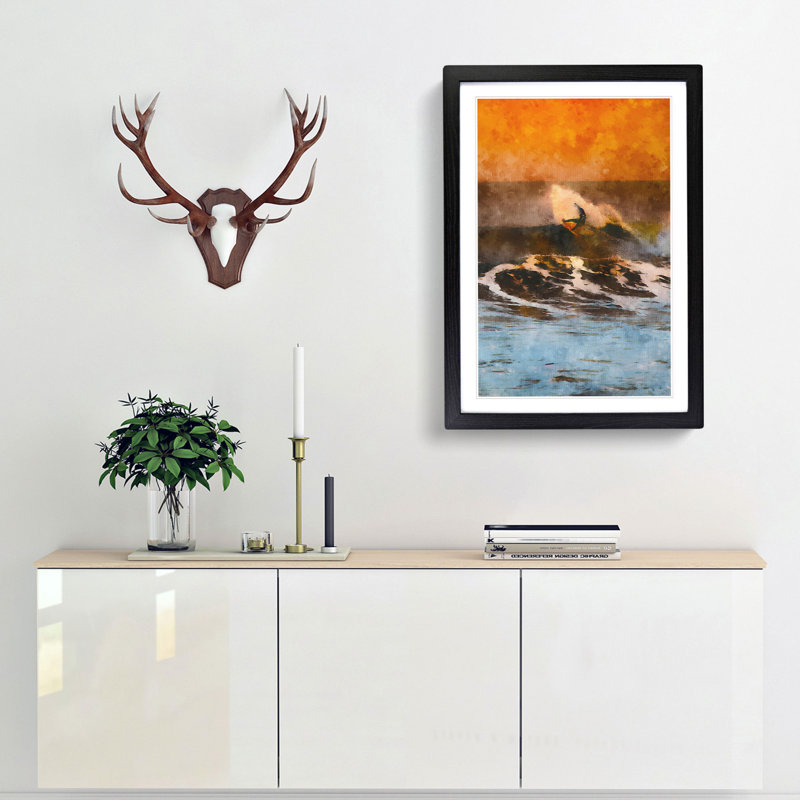 Surfing as the Sun Sets - Picture Frame Painting Print, Black Framed, 33cm H x 24cm W x 2cm D