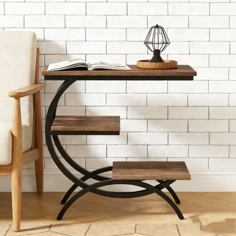 Table d'appoint industrielle à 3 niveaux en forme de C pour les petits espaces, Marron foncé