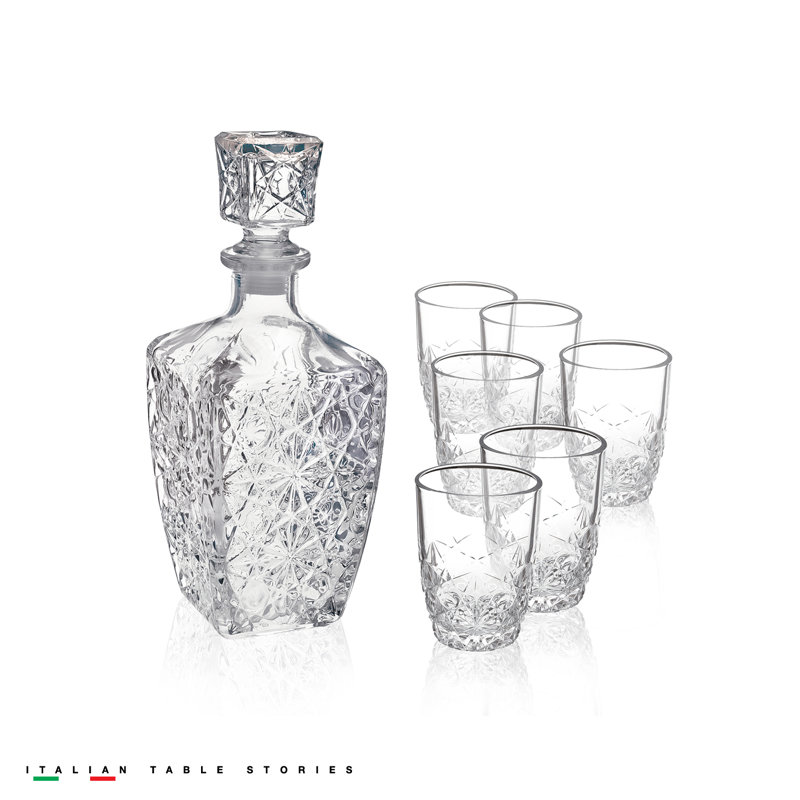 Victorian Cut Glass Whiskey Decanter Set with Six Glasses