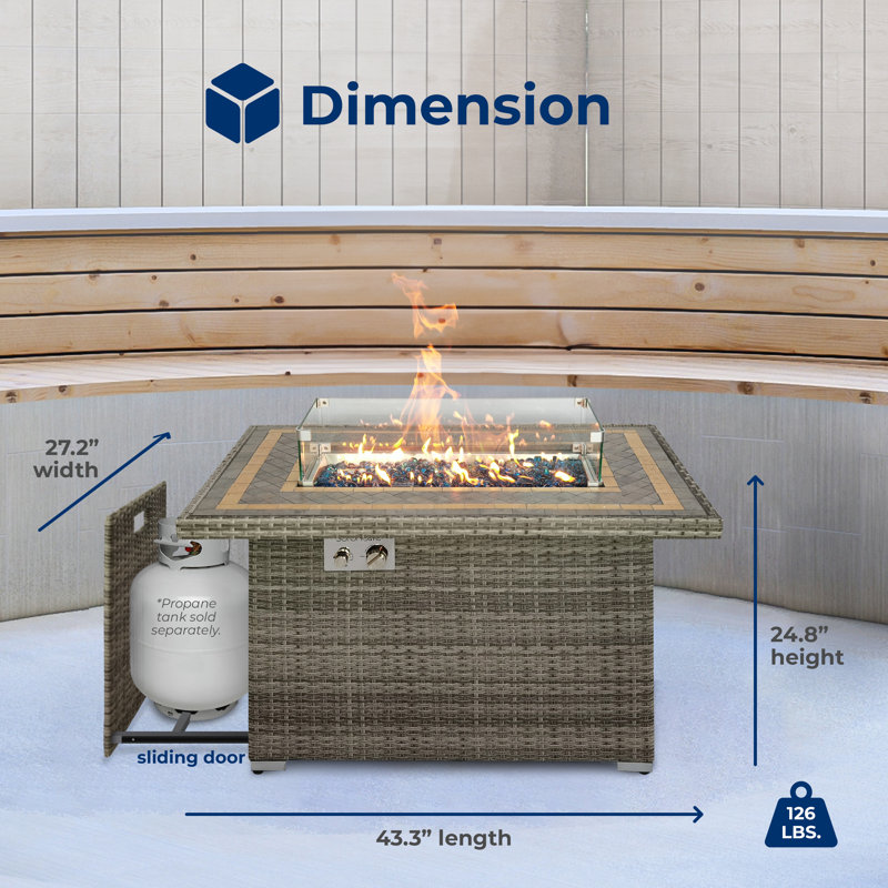 Brown Wicker Propane Gas Fire Pit Table with Tile Top
