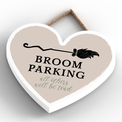 Witch Broom Parking Wooden Heart Plaque
