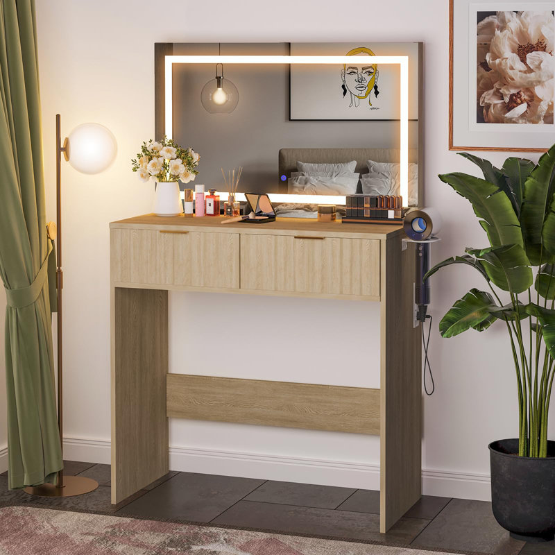 Bureau de coiffeuse à miroir DEL - table de maquillage cannelée de 31,5 po, éclairage réglable, 2 tiroirs, 3 modes d'éclairage, prise de courant, support pour sèche-cheveux, coiffeuse de chambre à coucher pour femmes et filles, couleur: bois naturel