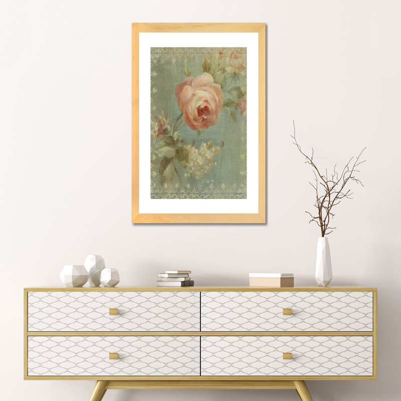 Rose par Danhui Nai - reproduction d'art, Blanc, H 24 po x l 16 po x P 1 po, Toile avec cadre en bois beige
