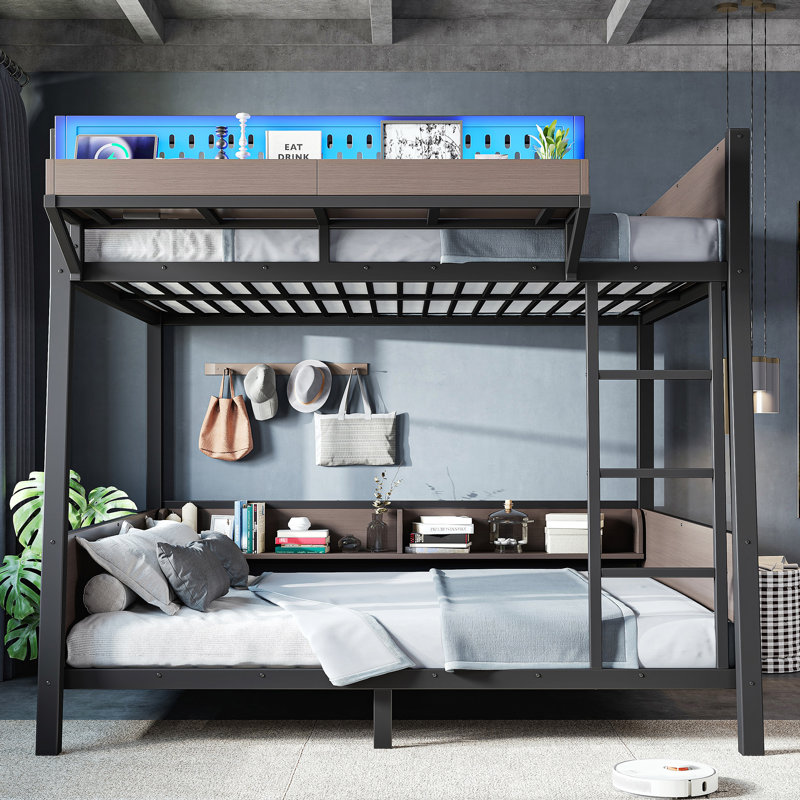 Lit superposé double avec tablettes de rangement, structure de lit superposé en métal avec lumière DEL et ports USB pour enfants, adolescents. Noir