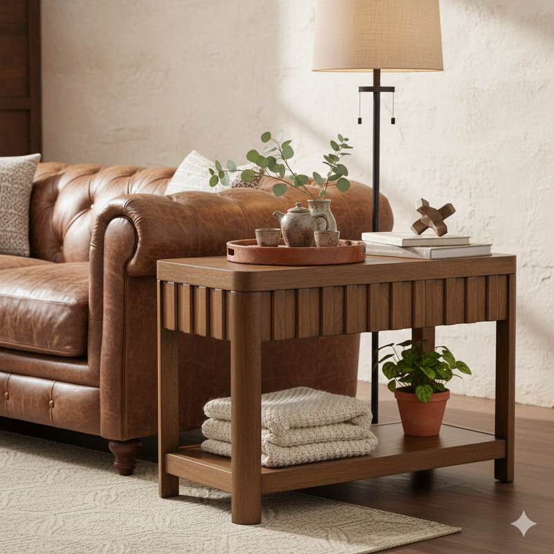 Table de bout rectangulaire de style campagnard de 25 pouces avec une tablette de rangement inférieure et des pieds en bois massif, convenant au salon, à la chambre à coucher ou au bureau, avec une finition noyer.