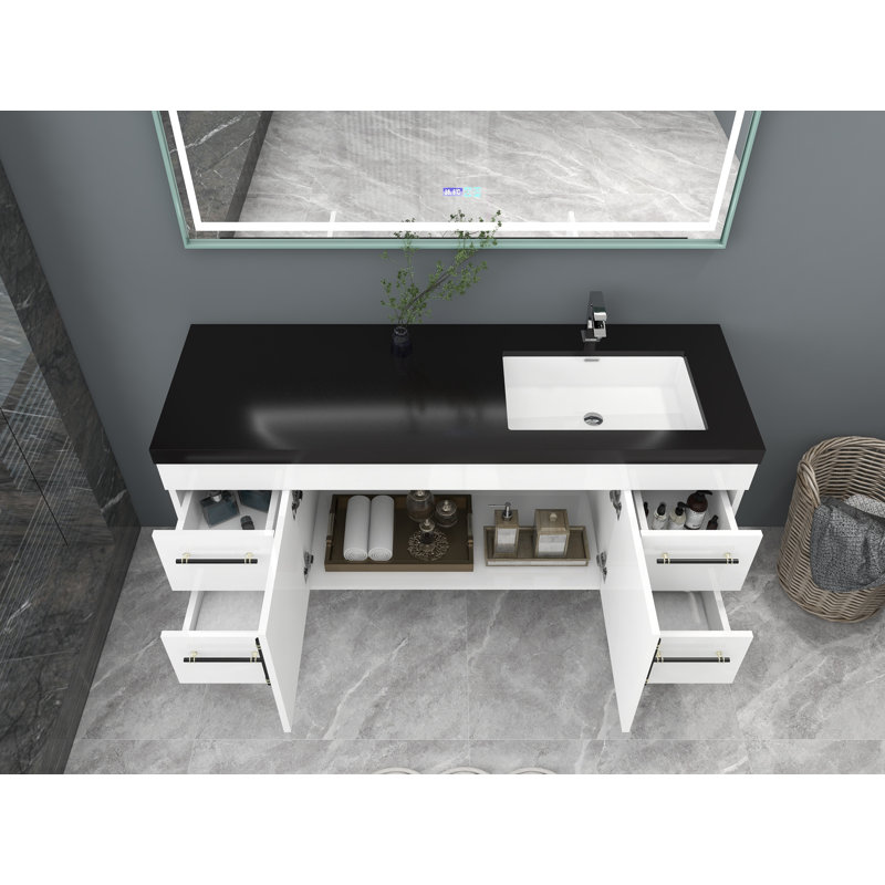 Ensemble de meuble-lavabo mural simple 60 po Campfort, Blanc très luisant, Noir mat