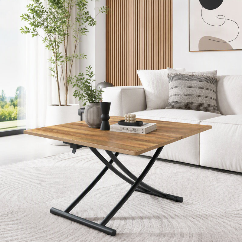 Table relevable multifonctionnelle au design minimaliste moderne, avec plateau en MDF de 2 cm d'épaisseur et pieds en métal noir.