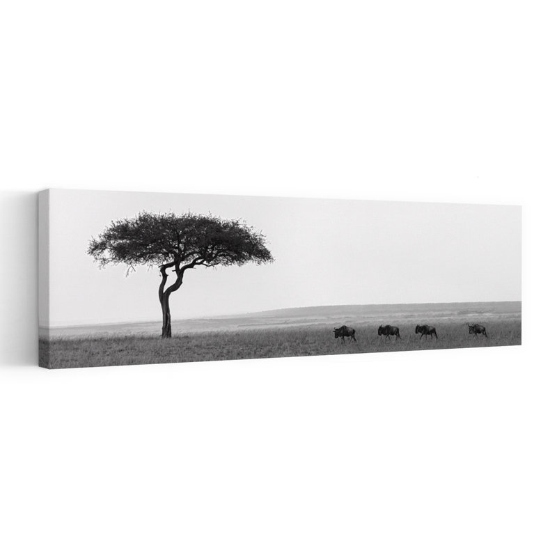 Art africain de paysage animalier serein tranquille, 12" H x 36" W