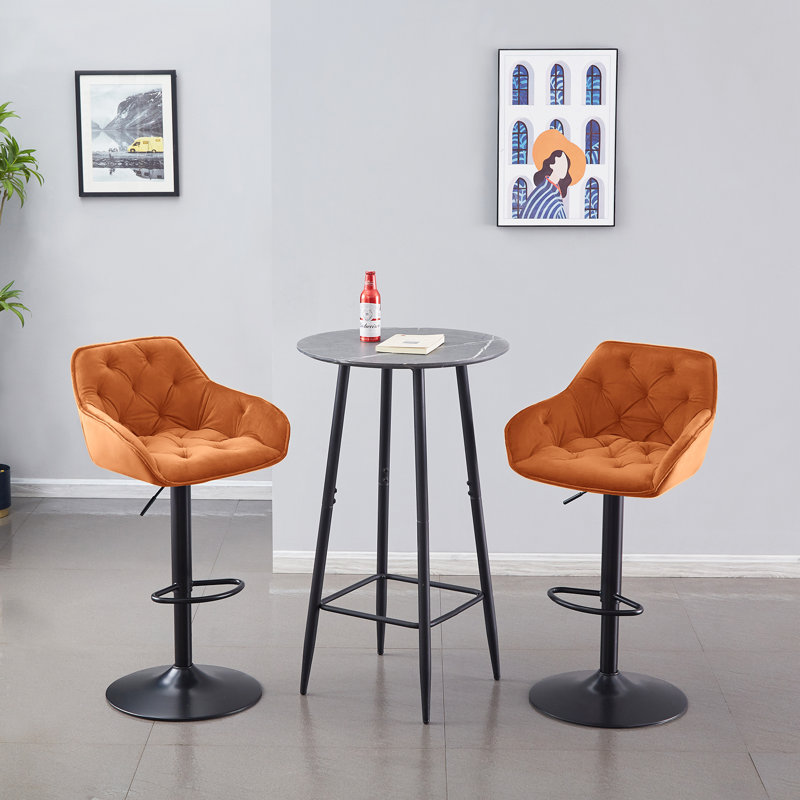 Kafka Velvet Upholstered Height Adjustable 360 Swivel Bar Stools, Orange