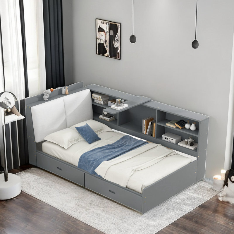 Lordina Bed with Upholstered Storage Headboard, Side Shelves and A Rotating Board, Grey