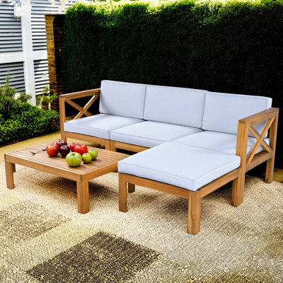 HANGZHOUFEIXIN The Outdoor Backyard Terrace 5-Piece Wooden Modular Sofa Seating Set Comes With Comfortable Cushions And A Natural Finish With Delicate Wood Grain. Th