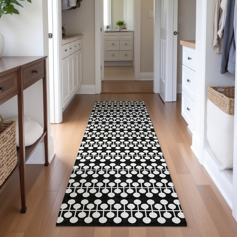 Premium Machine Washable Mayfield AMF2247 Geometric Rug, 2'3" x 7'6" Runner, Black