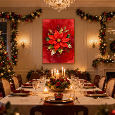 Ensemble de 3 impressions sur toile de Noël poinsettia rouge avec feuilles vertes et baies