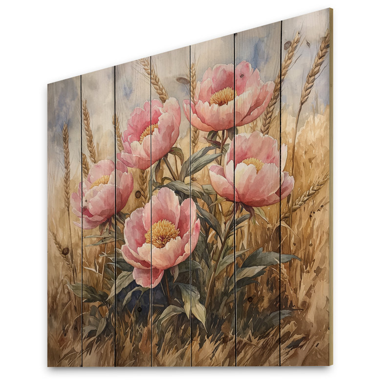 Pivoines dans le champ de blé I - Décoration murale en bois de pivoines - sur bois de pin naturel